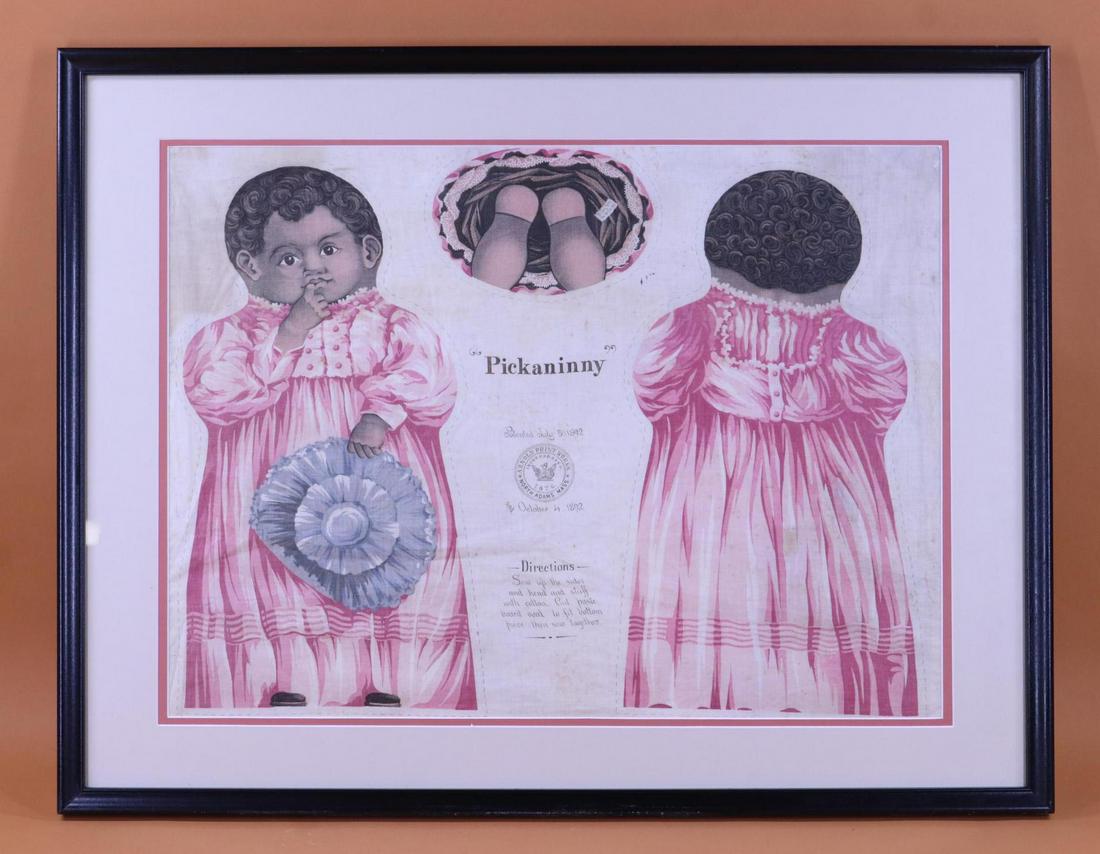 BLACK DOLL(S).: Framed uncut cloth doll "Pickaninny". Dated: Patented July 5, 1892 and October 4, 1892. Arnold Print Works, North Adams, MASS. Uncut pieces include front, back and bottom. Frame measures 22 1/2" x 29"