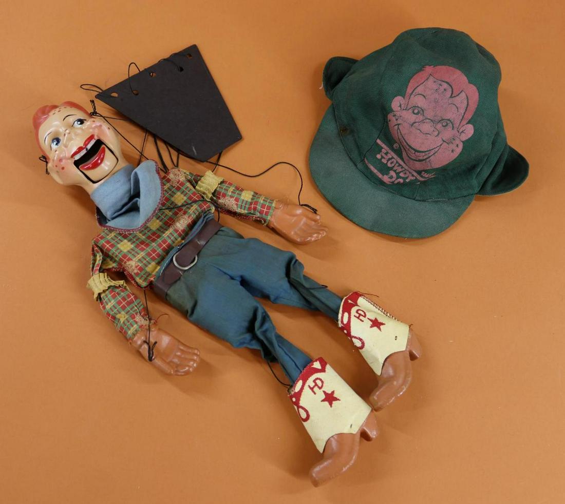 TOY(S).: HOWDY DOODY - An original owner lot. 16 1/2" Composition marionette with all original clothing, boots. Condition: brightly colored clothing. Paint chip on teeth, rubs on face. This item needs to be re
