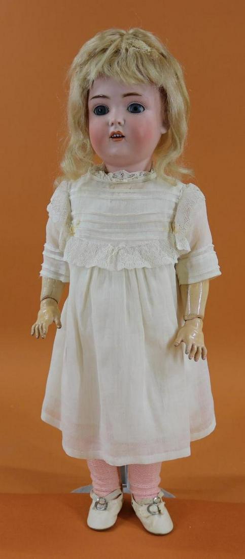 GERMAN BISQUE HEAD DOLL.: 18" D. MADE IN GERMANY 8 171 10 Doll. Blue sleep eyes, open mouth. blonde mohair wig, plaster pate. Papier mache ball jointed body. Dressed in antique white cotton dress, petticoat, pantaloons. Antiqu