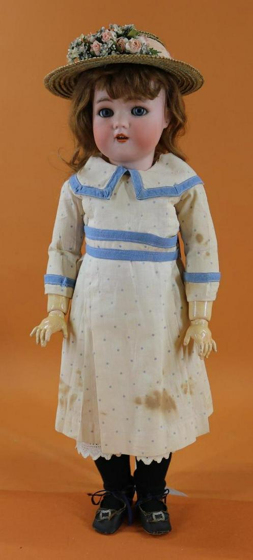 GERMAN BISQUE HEAD DOLL.: 20" SIMON & HALBIG K * R 53 Doll. Blue sleep eyes, open mouth, pierced ears, henna mohair wig. Papier mache ball jointed body. Dressed in antique cotton clothing - polka dot dress with blue trim, pett