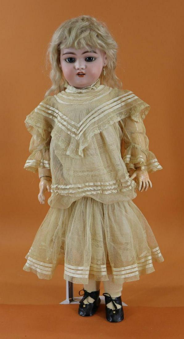 GERMAN BISQUE HEAD DOLL.: 22 1/2" S H 1079 - 10 1/2 DEP Doll. Blue sleep eyes, open mouth, pierced ears, blonde mohair wig. Papier mache ball jointed body. Dressed in beautiful antique ivory tulle dress with lace and silk ribb