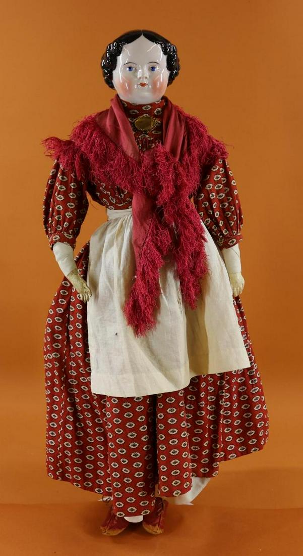 CHINA HEAD DOLL(S).: 28" Antique doll with 1860's style black center part hair, curls around face and back of head. Deep shoulder plate. Blue eyes, rosy cheek coloring, pale pink tint. Antique cloth body with white leathe
