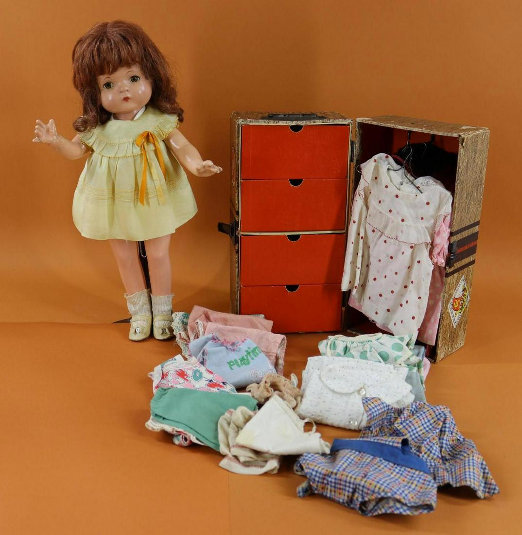 EFFANBEE PATSY FAMILY DOLLS.: 16" PATSY JOAN doll, trunk with wardrobe. Red human hair wig. Dressed in original outfit, shoes. Condition: crazing. Cracked crotch seam. Cracks on torso. Paint loss on right arm, hand. Little finger