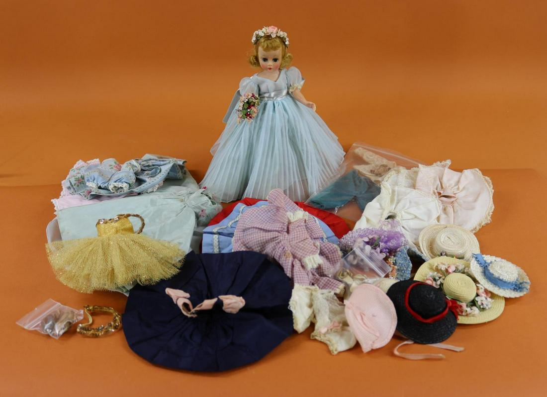 1940's-1960's HARD PLASTIC DOLLS.: This is an original owner LOT. 9 1/2" 1958(?) Madame Alexander "Cissette" with pale pink eyelids, single stroke eyebrows. Blue sleep eyes, blonde uncombed wig.Doll comes with an extensive original war