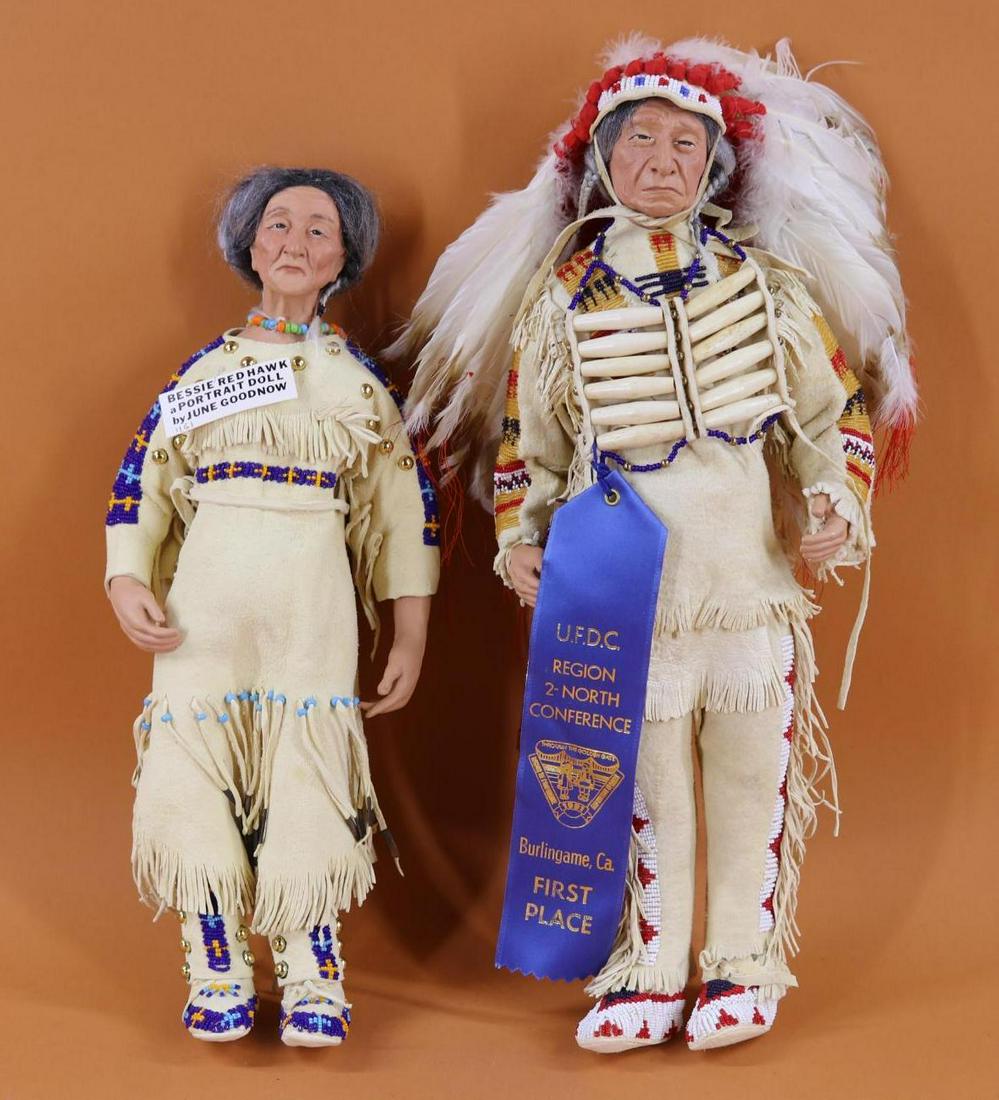 ARTIST DOLLS.: Pair of Native American dolls by NIADA artist June Goodnow. They are both made from a sculpted polymer clay with painted features, mohair wigs. 14" "Bessie Red Hawk" a portrait doll. Note: she origina