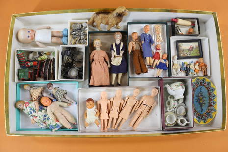 MINIATURES/DOLLS.: LOT. Dolls - Renwal family (loss on arms). German family with metal feet. German bisque head doll house dolls (loss on several dolls). All bisques (loss). 4 1/2" All bisque HeBee doll (repaired ankle)