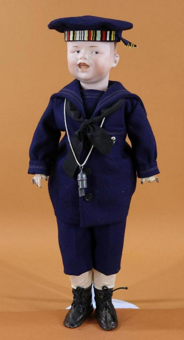 GERMAN BISQUE HEAD CHARACTER DOLL.: 18 1/2" 6 81 HEUBACH (sunrise) 91 "Crooked Smile" Doll. Solid dome head with painted/molded blonde hair. Blue side glance intaglio eyes. Open/closed mouth with molded tongue, upper and lower teeth. Pa