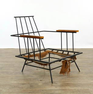 Richard McCarthy for Selrite Armchair: Cast iron frame with trapezoidal back and square seat on splayed legs. Oxidation is present to the frame and the burlap bottom has been torn and missing. 29"h x 29"w x 29"d, seat height 10" **Please N