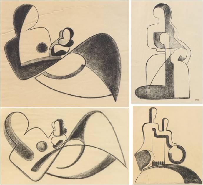 Margot Kempe (1898-1981): Charcoal drawings, initialed LR. Figural abstracts. 8.5"h x 7"w drawings and 17.5"h x 11.75 paper