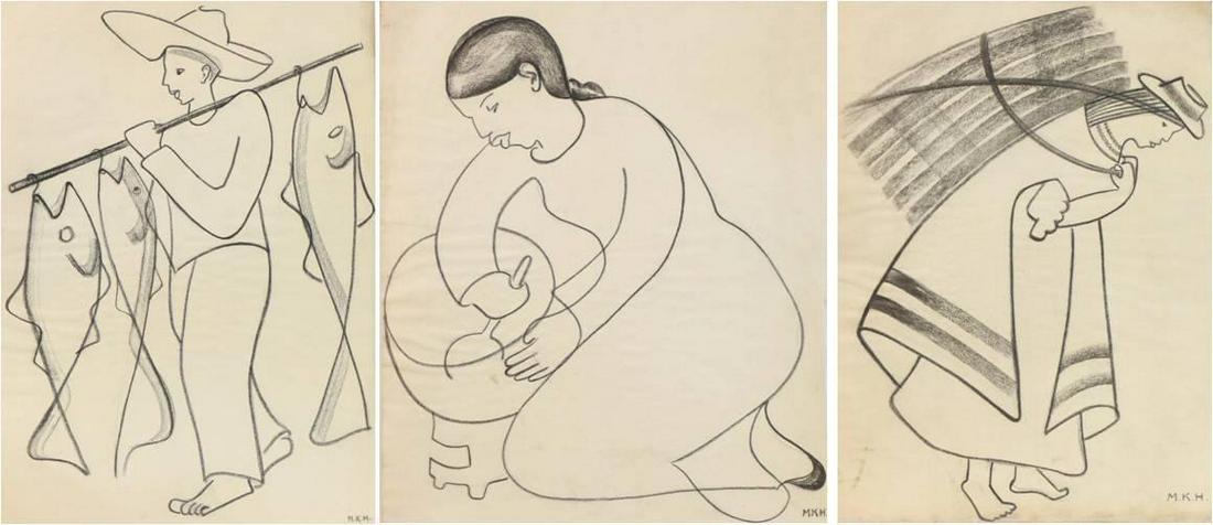 Margot Kempe (1898-1981): Charcoal line drawings of traditional southwestern workers, initialed LR. 18"h x 12"w
