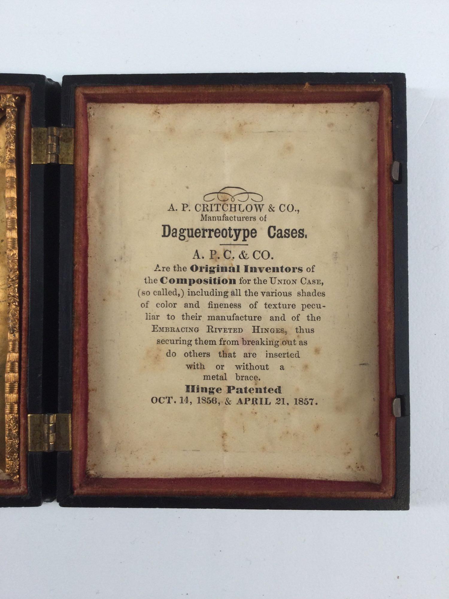 Critchlow Daguerreotype Union Case and Neff Malainotypes: Thermoplastic Union Case, the exterior with relief decoration to both sides after Charles Robert Leslie's "Sir Roger de Coverley and the Gypsies", the interior with velvet lined brightcut gilt frames