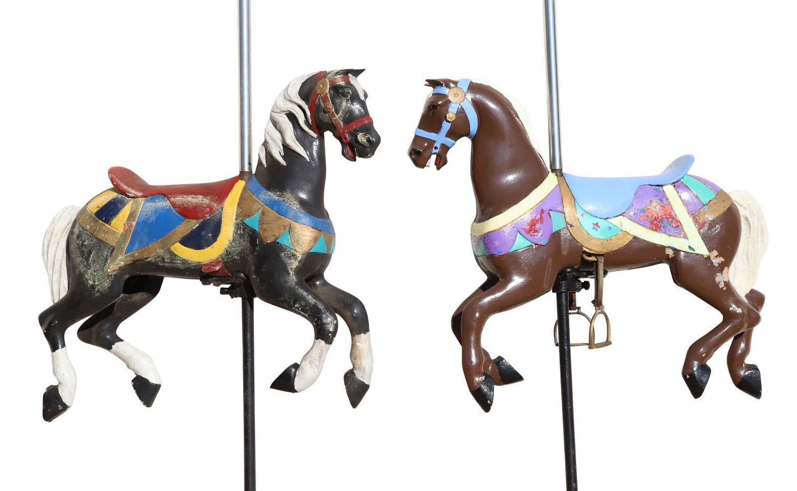 William F. Mangels Kiddie Galloping Carousel Horses: Cast aluminum and hand painted horses with iron and stainless steel connecting poles. Horses exhibit paint loss. Pair. 25"h x 29"w, pole height 83". **Please Note: This item is NOT eligible for in-hou