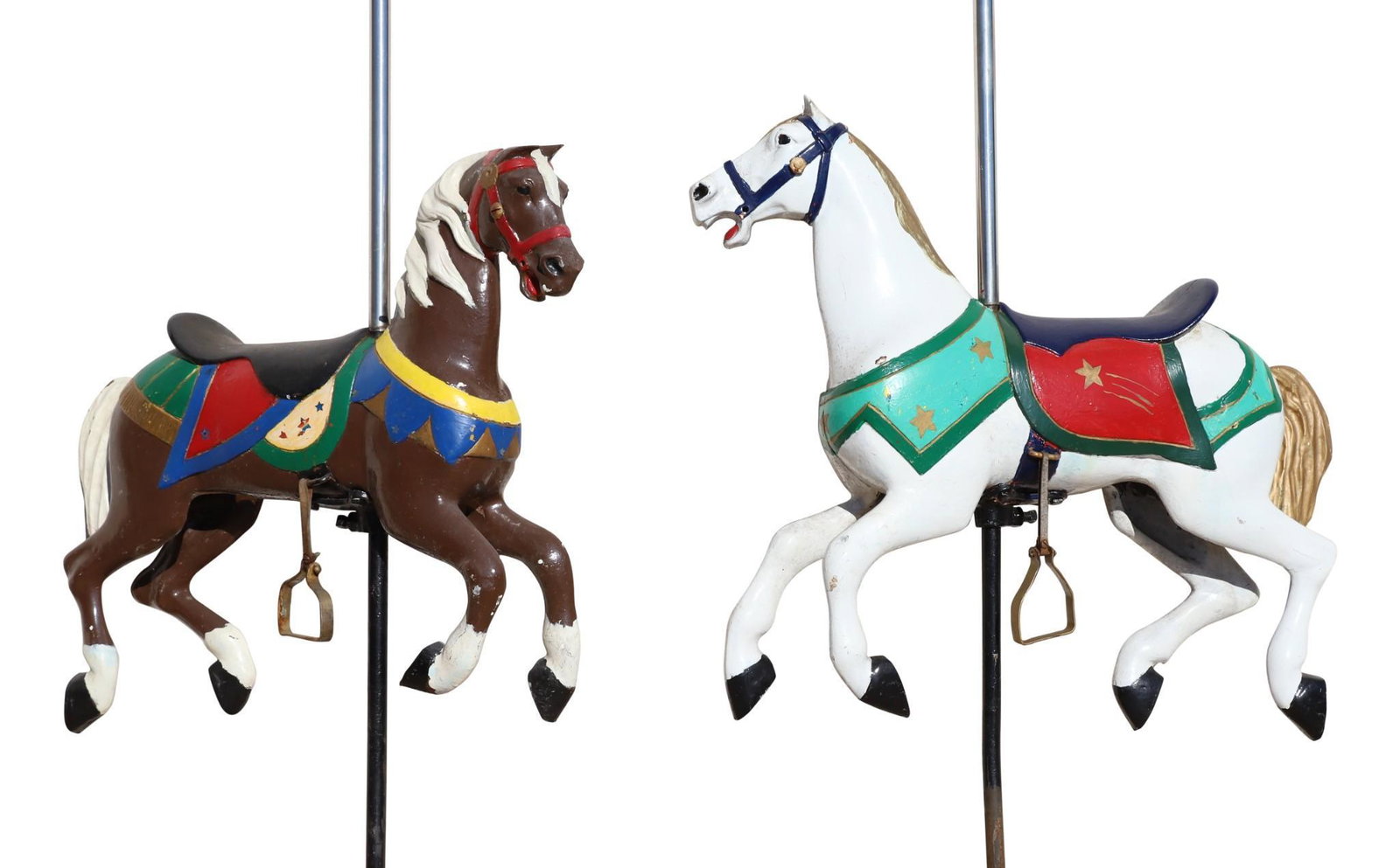 William F. Mangels Kiddie Galloping Carousel Horses: Cast aluminum and hand painted horses with iron and stainless steel connecting poles. Horses exhibit paint loss. Pair. 25"h x 29"w, pole height 88" **Please Note: This item is NOT eligible for in-hous