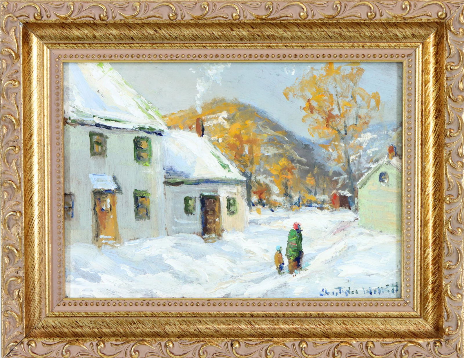 Christopher Willett (born 1959): Oil on board, "First Snow, River Road", SLR. Winter scene of a woman and small child walking in the snow. 5”h x 7”w and 7.25”h x 9.25”w framed