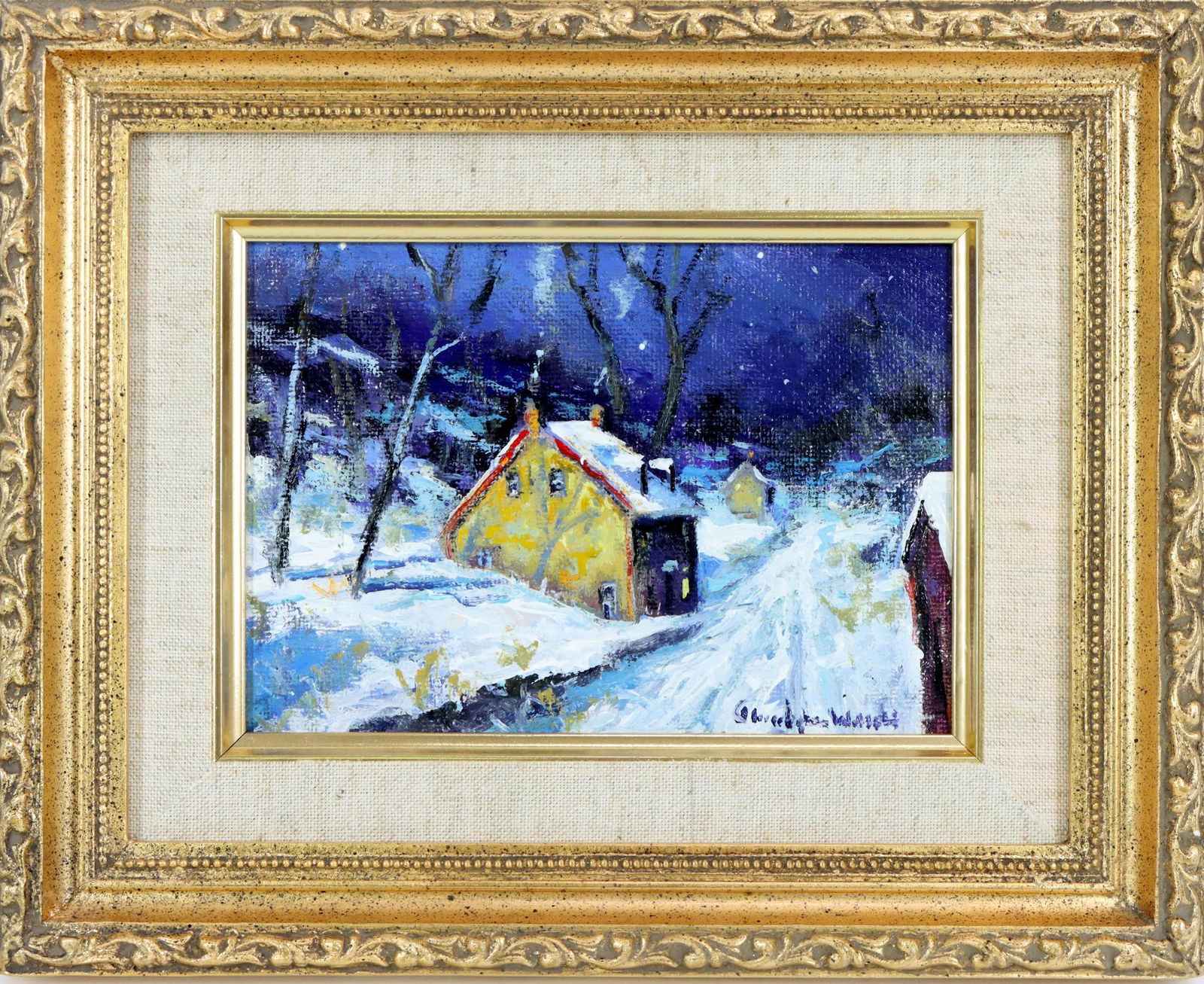 Christopher Willett (born 1959): Oil on board, "Study, Carversville Bucks County", SLR. Winter nocturne with a snow swept cottage. 5”h x 7”w and 9”h x 11”w framed