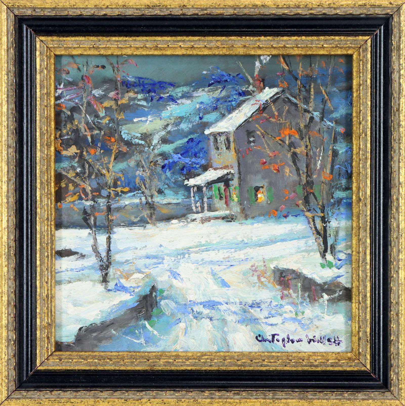 Christopher Willett (born 1959): Oil on board, "Hill top house, Point Pleasant", SLR. Winter landscape of a rural home. 5”h x 5”w and 6.25”h x 6.25”w framed