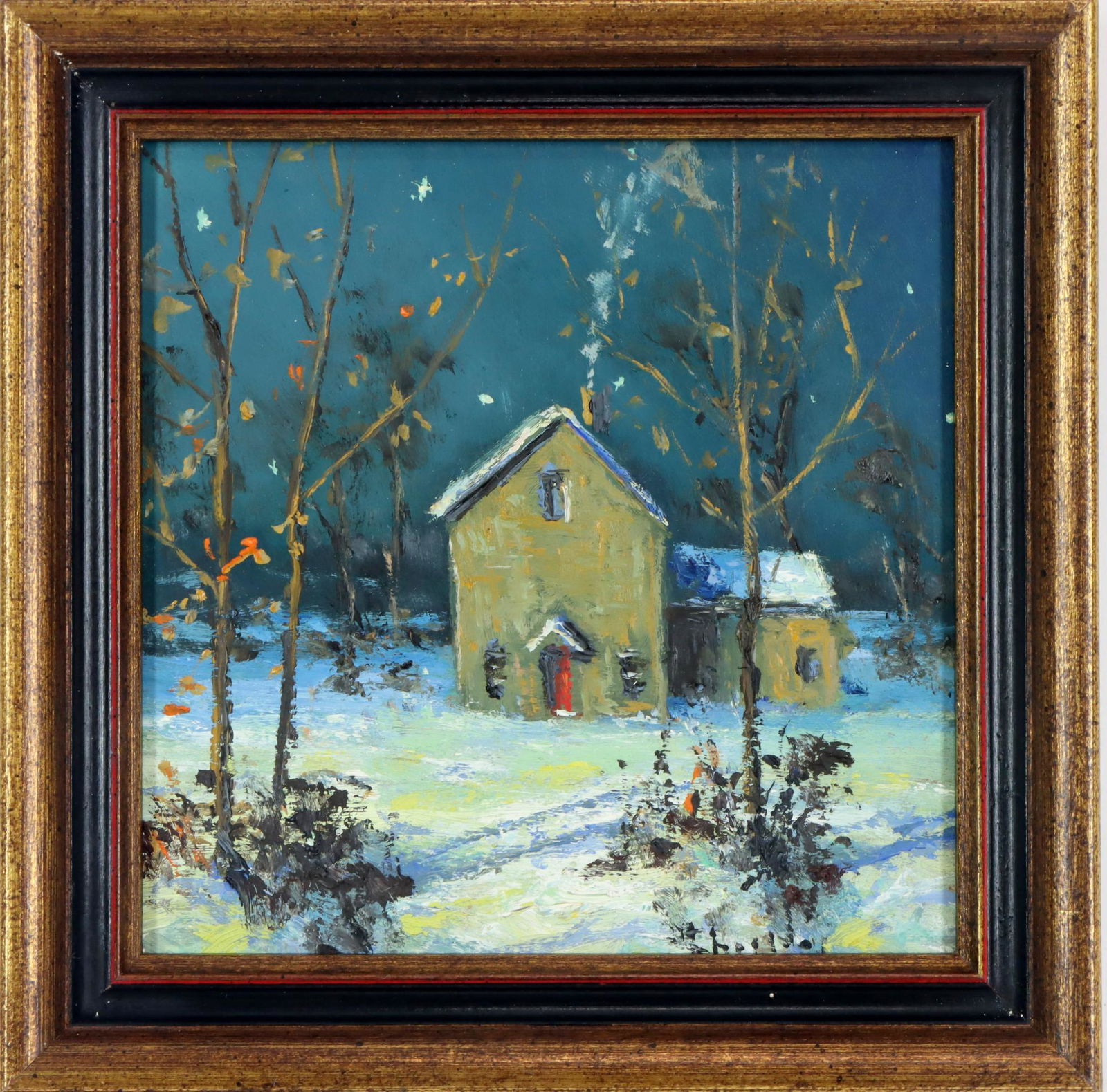 Christopher Willett (born 1959): Oil on board, "Solloway", SLR. Winter nocturne with a snow swept cottage. 5”h x 5”w and 6”h x 6”w framed