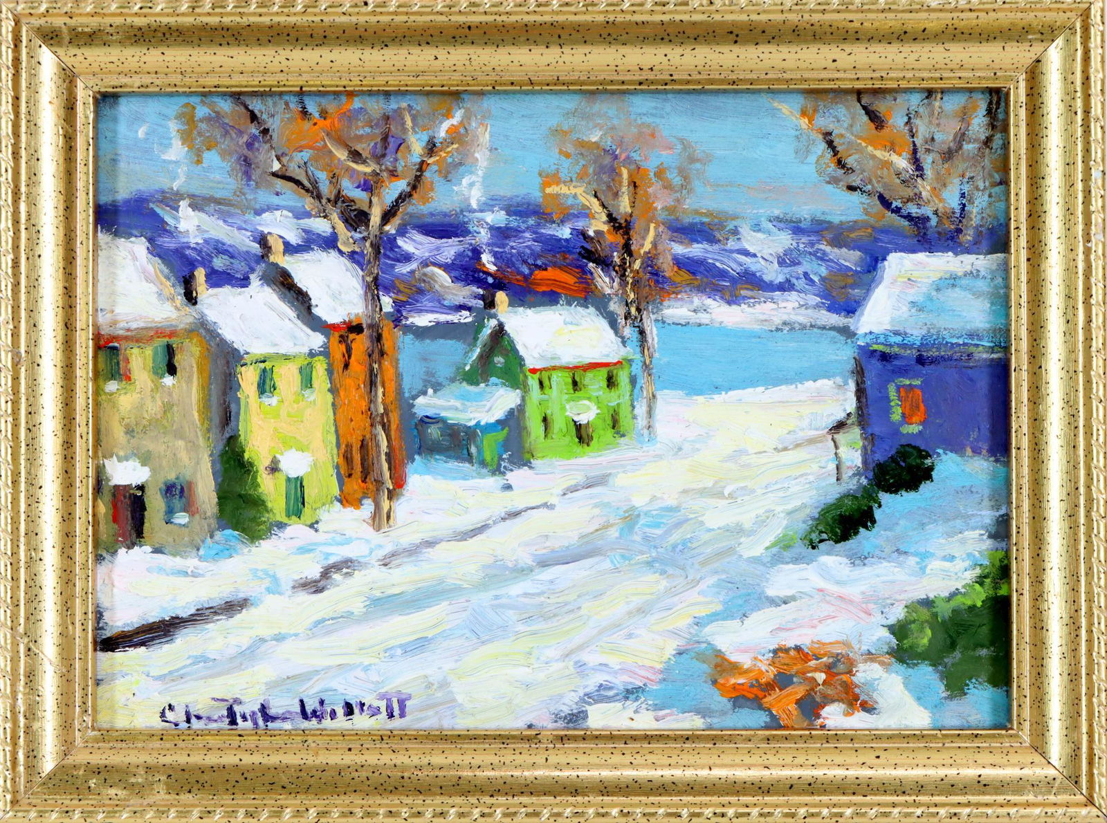 Christopher Willett (born 1959): Oil on board, SLR. Snowy rural landscape. 5”h x 7”w and 6”h x 8”w framed