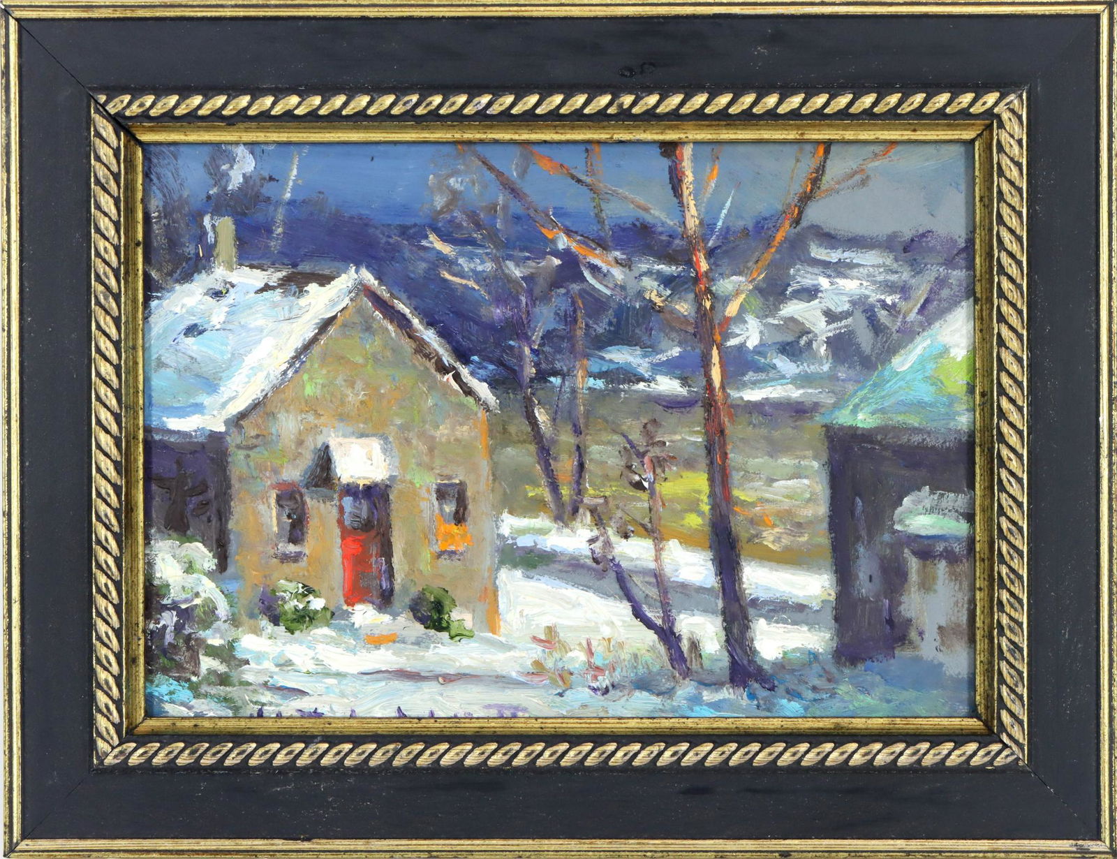 Christopher Willett (born 1959): Oil on board, "River town House, river rd.", ,SLR. 4.75”h x 6.75”w and 6.75”h x 8.75”w framed