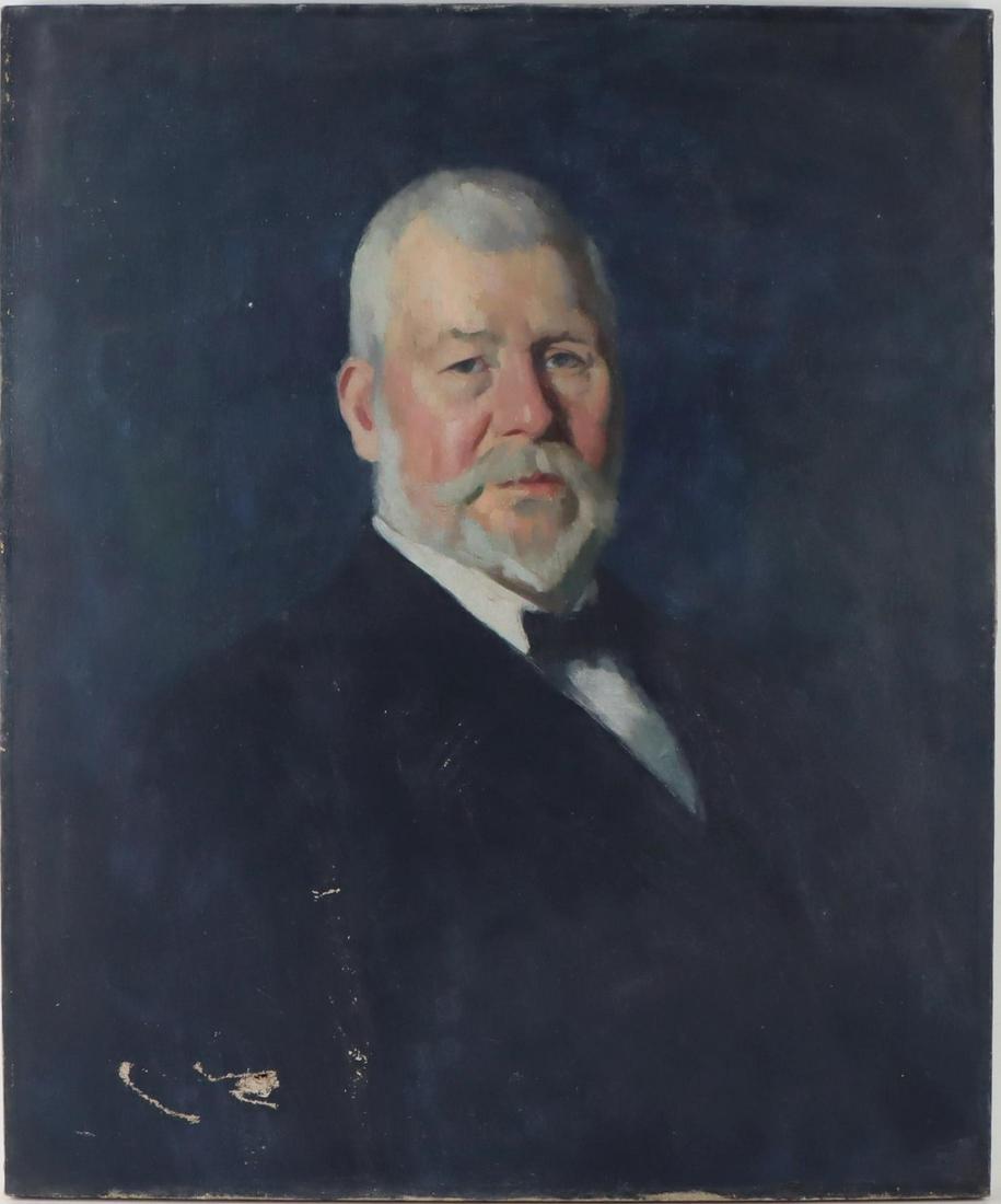 Hugh Henry Breckenridge (1870 - 1937): Oil on canvas, signed en verso. Seated portrait of a gentleman. Inscribed en verso " Painted by Hugh Breckenridge for the Fourth Liberty Loan Campaign 1918". Paint loss to the lower left and center. N