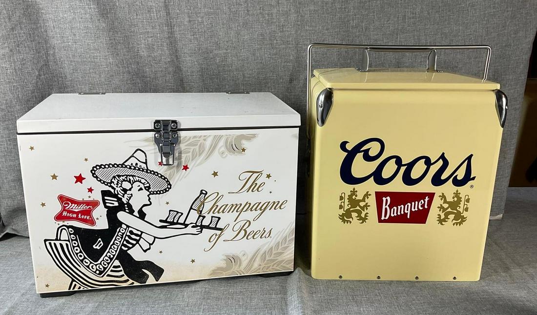 Miller and Coors Coolers: Coors cooler 13"w x 10"d x 17"h and Miller High Life cooler 18"w x 10"d x 12"h.