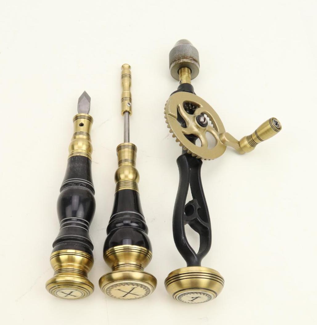 Egg Beater Hand Drill & Custom Woodworking Tools: Whitney style egg beater drill with collet, #1, cast metal body with black powder-coat finish, brass and brass finish with carved inlay handle. Marking knife and brad pusher, ebony wood handles, brass