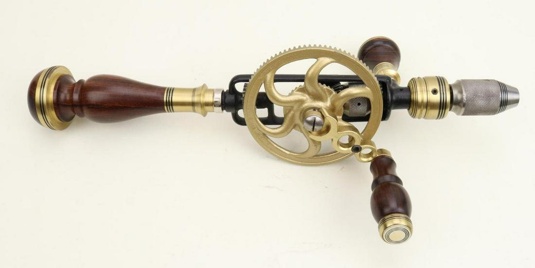 Custom Egg Beater Hand Drill: Custom egg beater hand drill, 17", polished wood and brass, cast metal body with black-powder finish, inlay with initials JR.