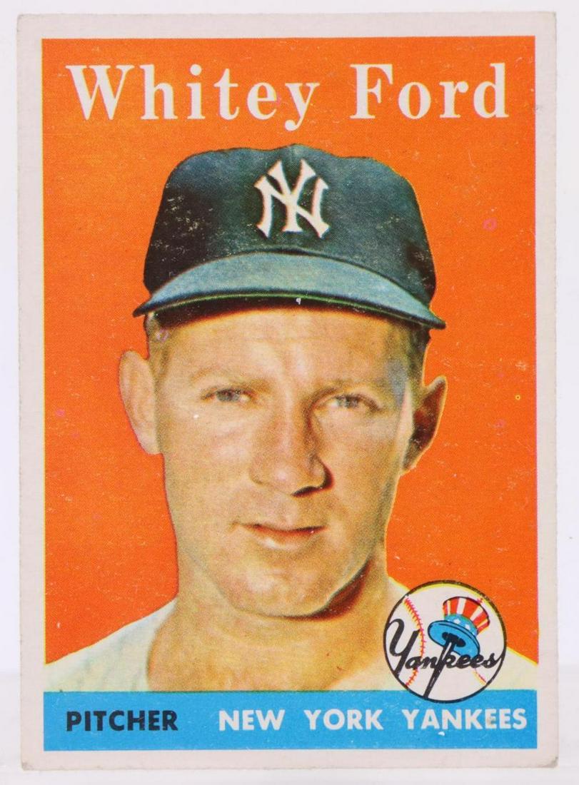 1958 Topps Whitey Ford Baseball Card: NY Yankee Hall of Fame pitcher White Ford 1958 Topps #320 baseball card (nice corners, very good centering, no creases, wax pack fresh, investment quality)