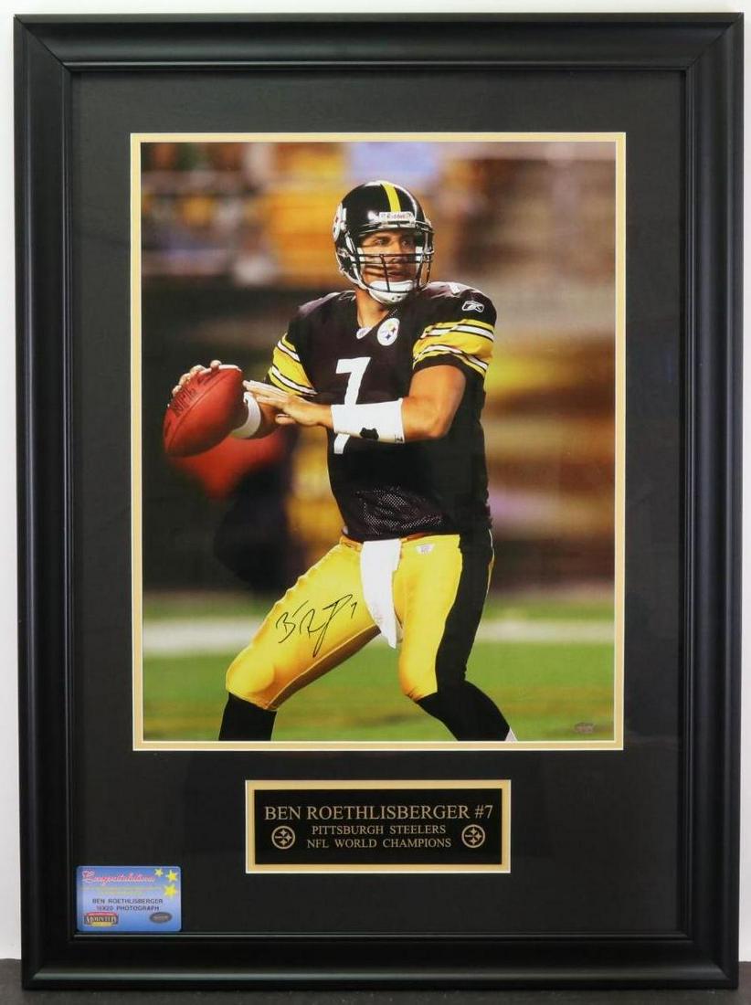Ben Rothlisberger Autographed Photograph: Pittfsburgh Steelers Hall of Fame Quarterback autographed 16" x 20" color photograph w/Mounted Memories hologram sticker of authenticity (custom framed and double matted)