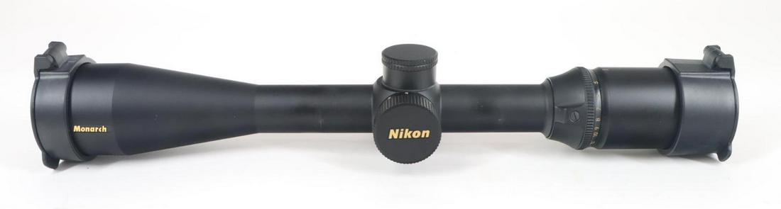 Nikon Monarch Rifle Scope: 4-16x42, Nikoplex reticle with clear optics and flip up caps in original box with papers. Removed from prior lot. Very good condition.