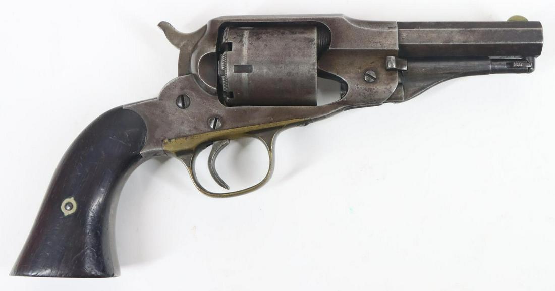 Remington New Model Police Rimfire Conversion Revolver: .38RF, 3 1/2" bbl, SN 15358. Brown gray patina, good bore, octagon barrel marked on top flat in three lines, PATENTED SEPT 14 1858 MARCH 17 1865/REMINGTON & SONS ILLION NEW YORK USA./NEW MODEL, bottom