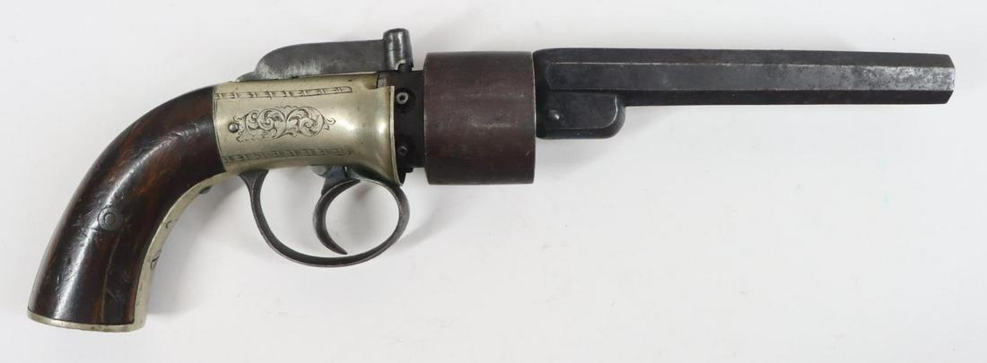 Unmarked British Bar Hammer Percussion Revolver: .44, 5 1/4" bbl, Sn 40. Dark brown patina, good bore, octagon barrel, cylinder is marked with several british proofs, unique angled bar hammer is slightly canted toward 1:00 and rises and falls at a s