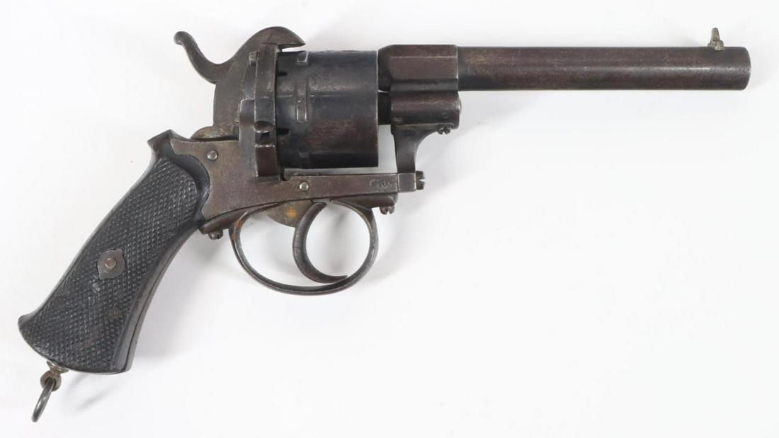 Antique Belgian Pinfire Double Action Revolver: 9.6mm bore, 4 3/4" bbl, NSN. Dark gray brown patina, fair bore, belgian proofs on rear of cylinder, cylinder only advances intermittently, checkered wood grips show average handling with steel lanyard