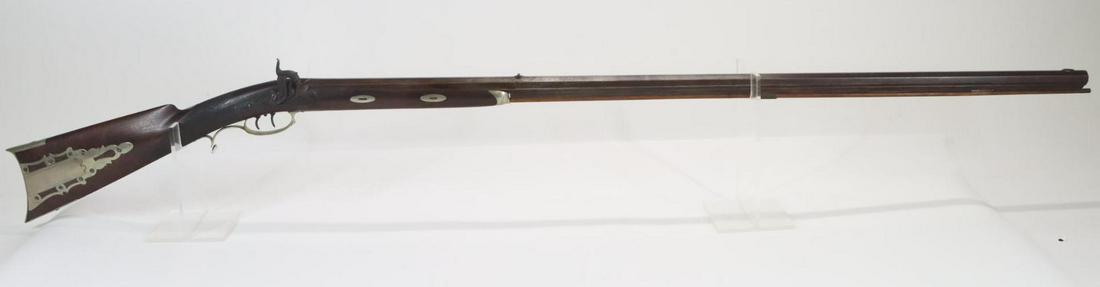 Antique Krider Half Stock Percussion Rifle: .30 bore, 40 3/8" bbl, NSN. dark brown patina, fair bore, breech plug shows two gold bands, engraved tang and strong lock with set trigger holds on half and full cock, missing one steel ramrod ferrule
