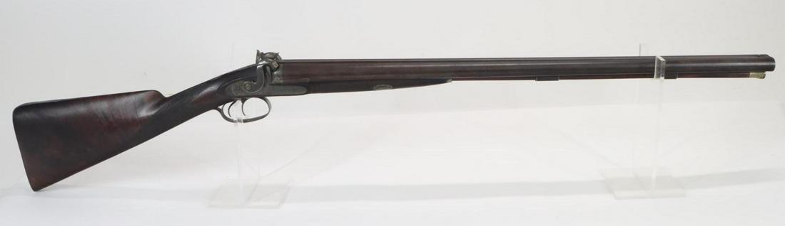 Antique John Krider & Co Percussion SxS Shotgun: 12Ga. 27 1/2" bbl,s NSN. dark brown mottled patina, fair bores, bottom of barrels marked Hollis & Sheath laminated steel and several british crossed sword proofs, solid top rib marked Phila, barrel he