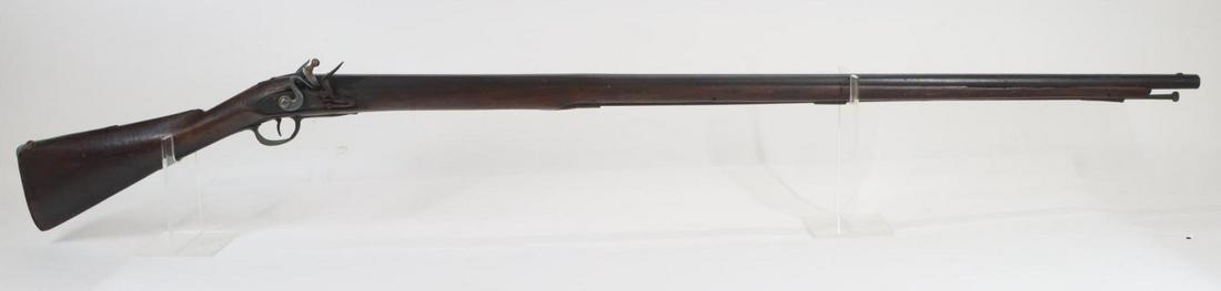 Antique Colonial Period American Flintlock Musket: .70 bore, 46" bbl, NSN. dark brown patina, poor bore, lock needs repairs and does not hold, octagon to round barrel, possibility reconverted back to flintlock as a small flat area and a small amount o