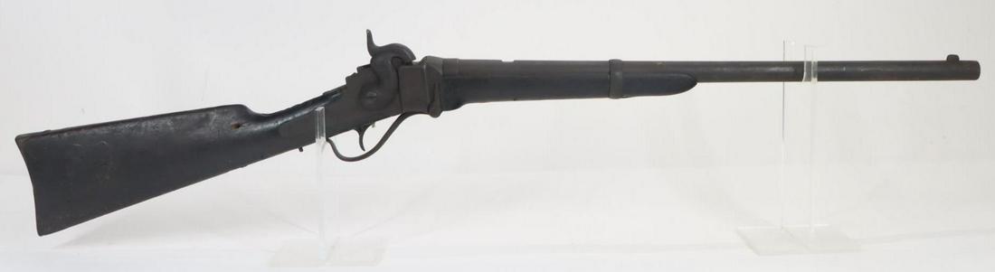 Sharp's 1852 Percussion Carbine: .52, 22" bbl, NSN dark brown oxidized patina, poor bore, missing rear sight, barrel held via single steel band with spring, breech block is very stiff, lock holds on full and half cock, receiver marke