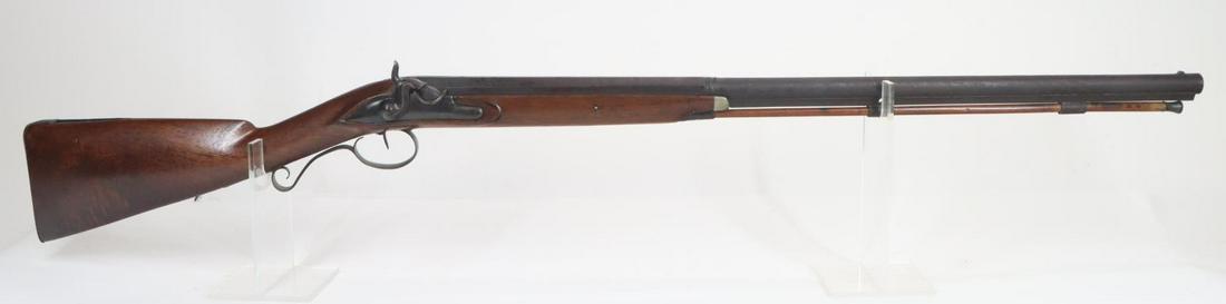 Antique Joseph Bauer Percussion Fowler: .61 bore, 30 1/2" bbl, NSN. Dark brown patina, fair bore, octagon to round barrel with double wedding band transition, top flat marked Joseph Bauer In Gronach with light floral engraving on breech fla