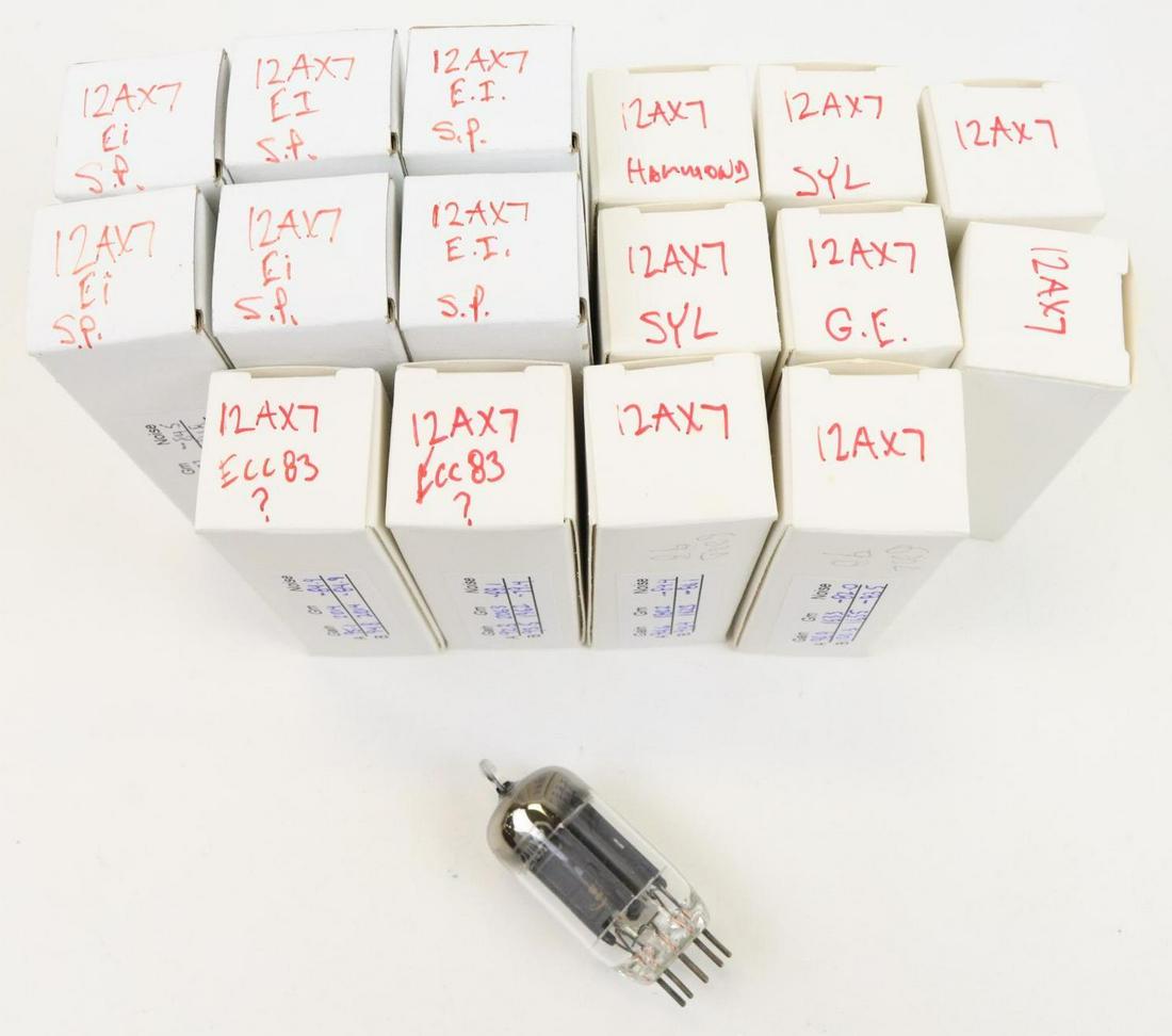 Vacuum Tubes, 12AX7: Vacuum Tubes, 12AX7, lot of 16, mixed brands and appear to be a mix of used and new. Each tube box is labeled with gain, GM, and noise values (see photos).