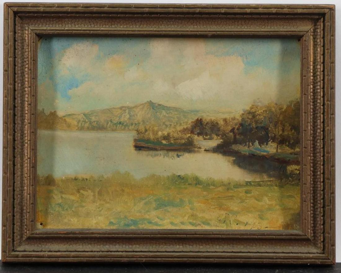 Oil on Board, Signed: Oil on board, SDLR. Impressionist waterside landscape. 6"h x 8"w and 7.75"h x 9.5"w framed