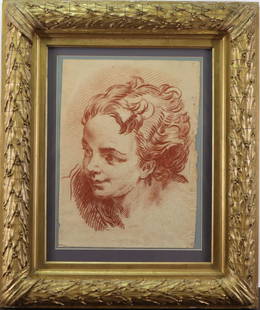 Attr. to Carle Van Loo (1705 - 1765): Red chalk drawing, Bust portrait of a young girl. 15"h x 11"w and 25"h x 21"w framed