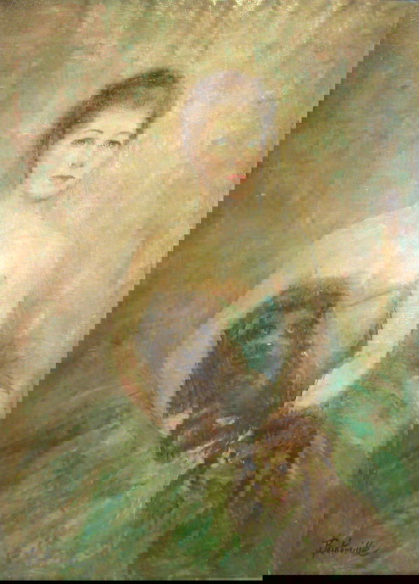 Charles Baskerville, Jr.: Portrait of Luci Tobin Payson, oil on unprimed canvas, 36" x 26", SLL, "Baskerville", inscribed en verso, "Luci Tobin Payson, Shelter Rock Road, Manhansset New York, 516 627 4833". Artist: b. 1896, d.