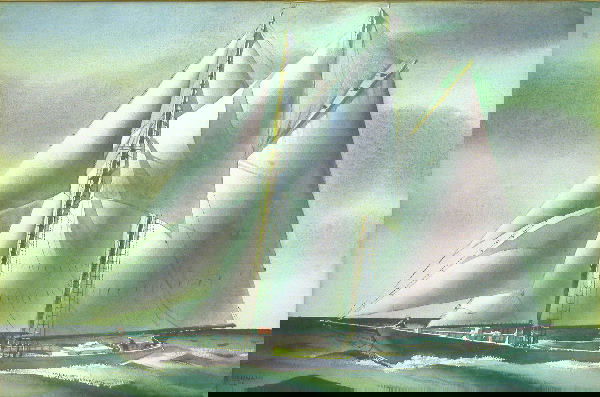 Sandor Bernath.: Portrait of a sailboat under way, watercolor, 14" x 22" sight, SLL, "S. Bernath '62". Artist: b. 1892, American. Condition: mat burn, wrinkle upper right corner.