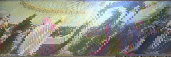 Manner of Edwin Austin Abbey.: Medieval court scene, oil on panel, 15 1/2" x 47", unsigned, label en verso makes attribution. Artist: b. 1852, d. 1911, Pennsylvania. Condition: no defects observed. Pennsylvania Abbey, Edwin Austin,