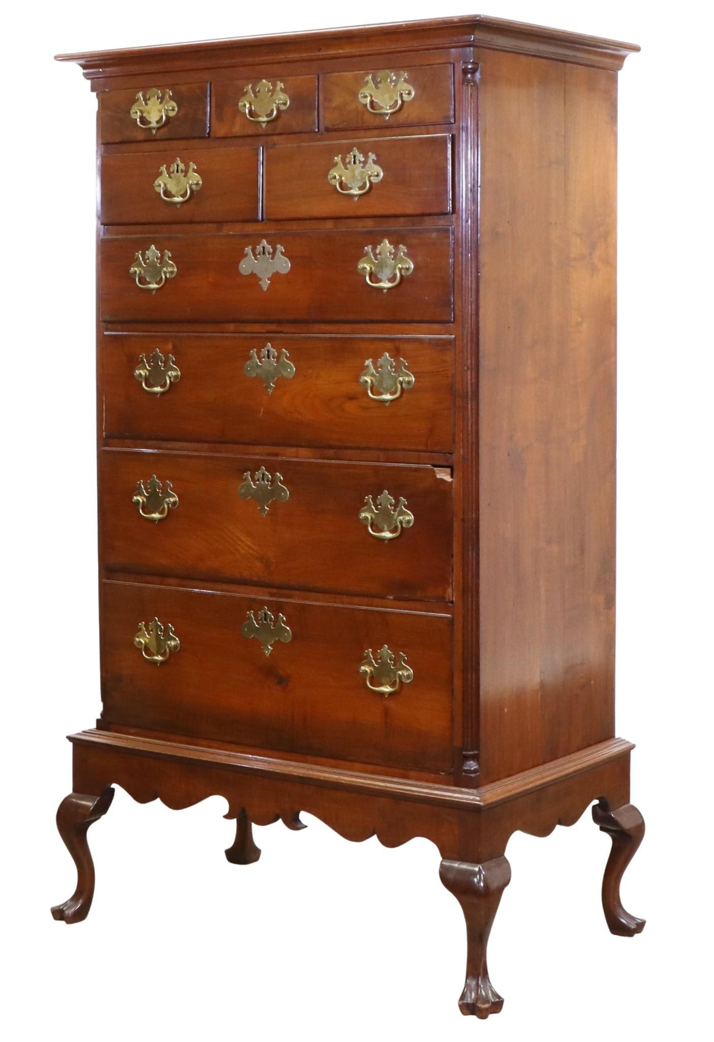 Queen Anne Mahogany Chest-on-Stand: Flat top with molded cornice, 3 over 2 short drawers over 4 long graduated dovetailed drawers, shaped carved skirt on cabriole legs ending in trifid feet. 72"h x 42"w x 24"d **Please Note: This item i
