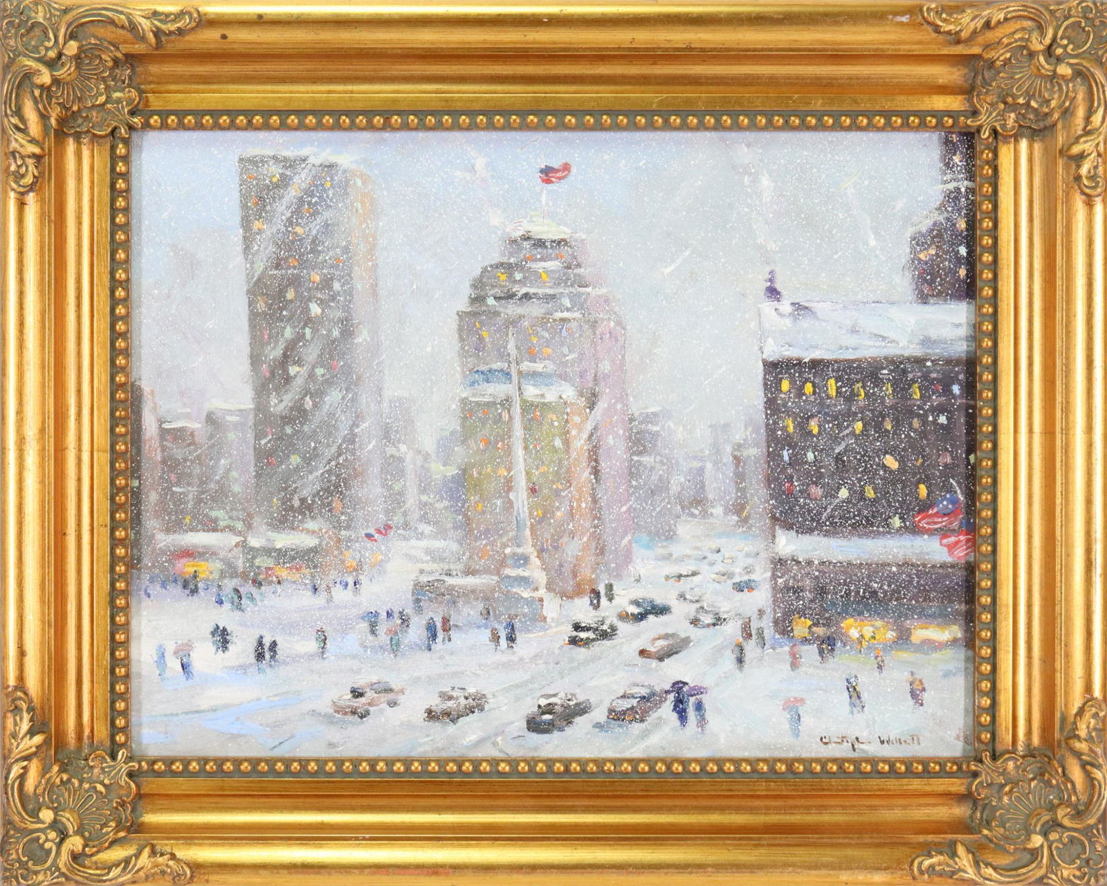 Christopher Willett (born 1959): Oil on board, "Columbus Square, New York City", SLR. Snow swept landscape. 12"h x 16"w and 16.5"h x 20.5"w framed