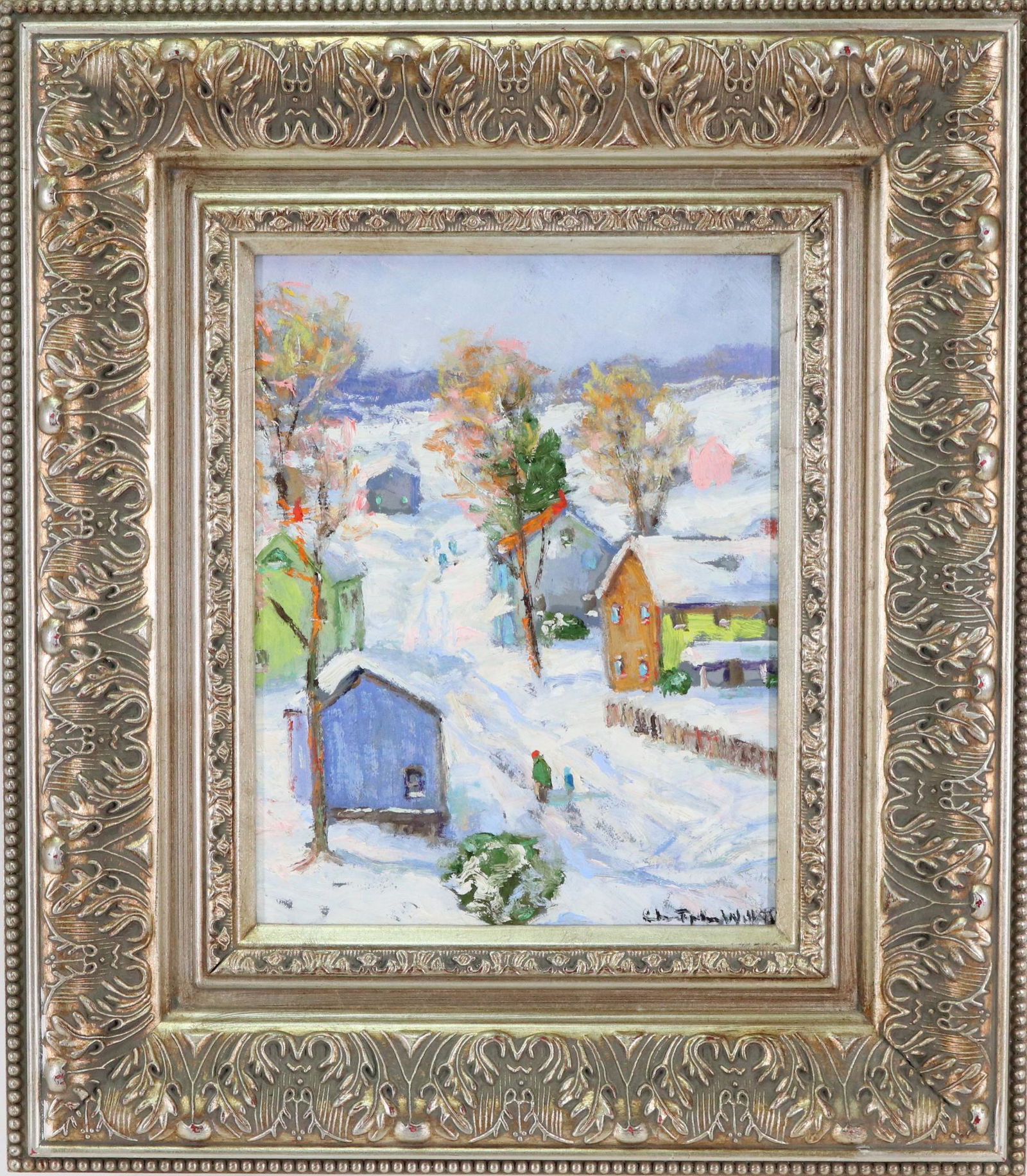 Christopher Willett (born 1959): Oil on board, "Hilltown Bucks County Pa, Road to Quakertown", SLR. Winter village scene. 10"h x 8"w and 16.5"h x 14.5"w framed