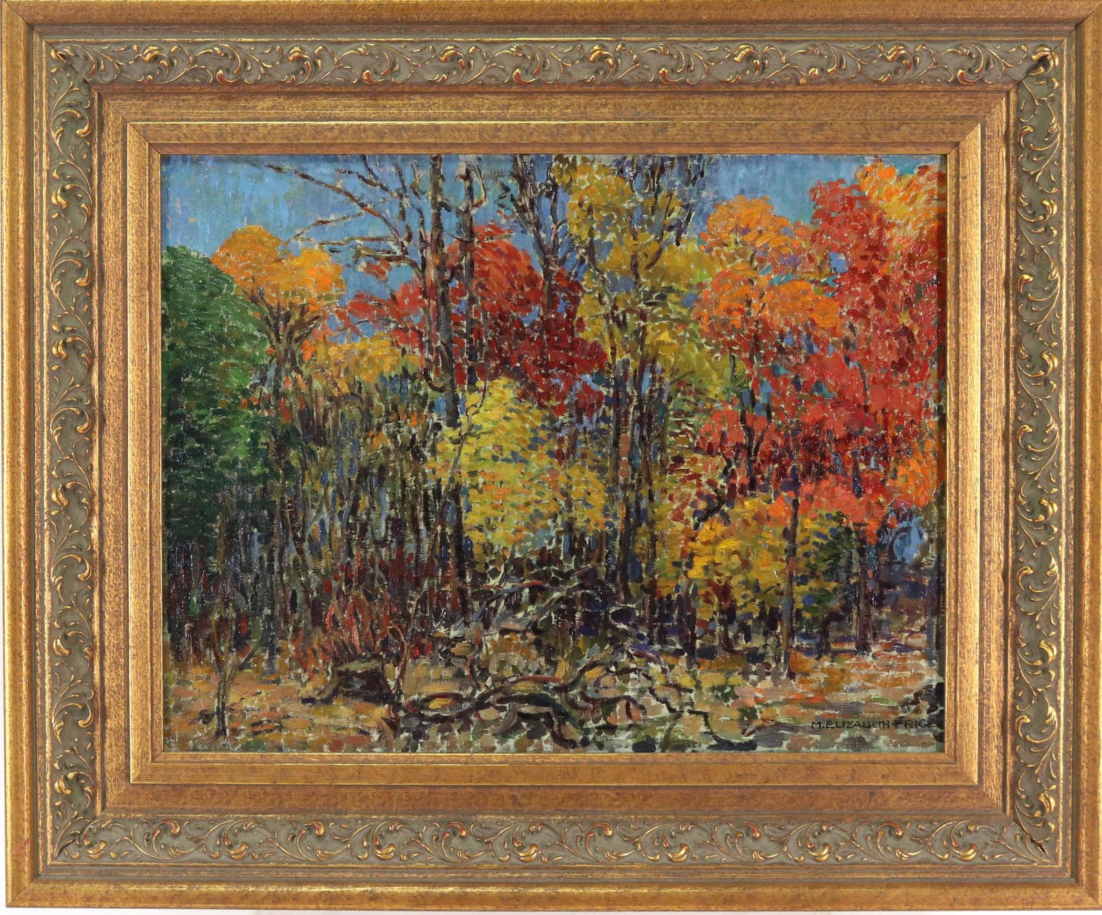 Mary Elizabeth Price (1877 - 1965): Oil on canvas, "Autumn Tracery", SLR. Autumn forest landscape. 12"h x 16"w and 18"h x 22"w framed