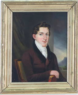 In the Manner of Jacob Eichholtz (1776 - 1842): Oil on board, "Portrait of John Burkhart Mayer, Lancaster, Pa". Unsigned. 10"h x 8"w and 12.5"h x 10.5"w framed