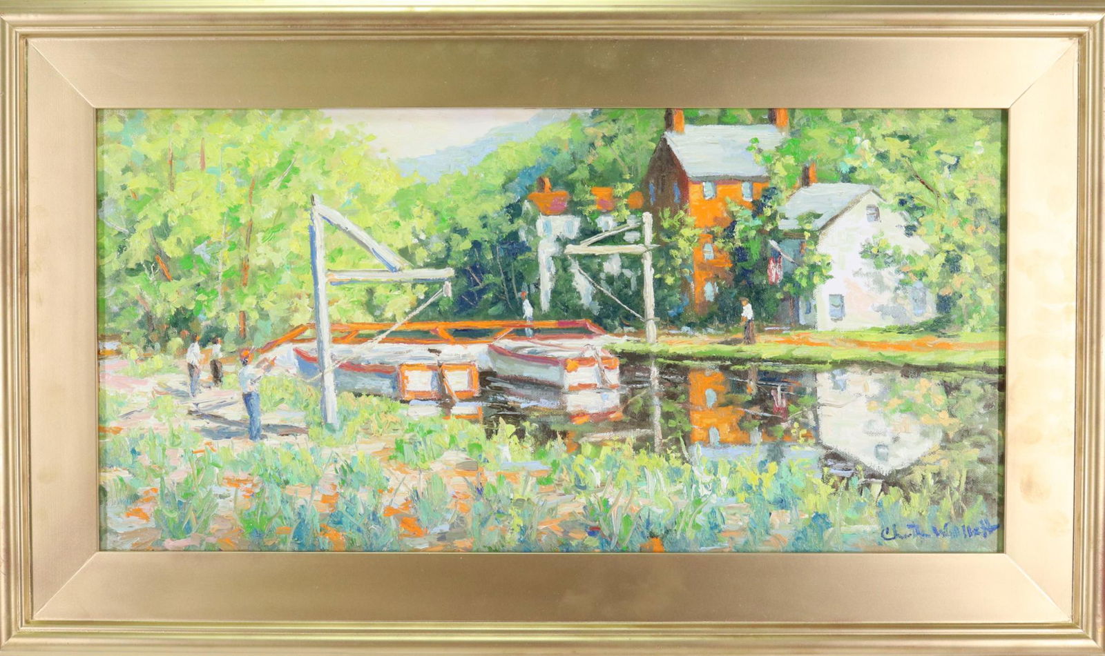 Christopher Willett (born 1959): Oil on canvas, "Canal Lumberville Lock", SLR. Summer landscape with a view of the lock with workers. 12"h x 24"w and 17.5"h x 29.5"w framed